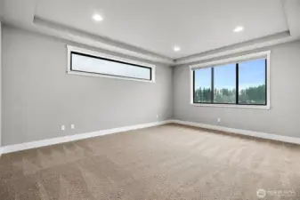 Lg Primary bedroom with  lg windows & relaxing beautiful tree line view, no direct neighbors behind this home!