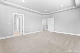 Lg Primary bedroom with  lg windows & relaxing beautiful tree line view, no direct neighbors behind this home!