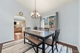 Plenty of room for a larger table and easy to serve guests with the kitchen just off the doorway.