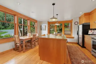 Spacious, eat-in kitchen with island.
