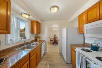 Kitchen window looks to big beautiful backyard.