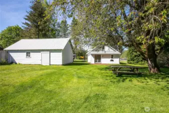 view from back of the property looking toward the back of the house and first outbuilding/garage.
