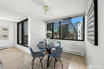 The dining room with east facing views of the city.