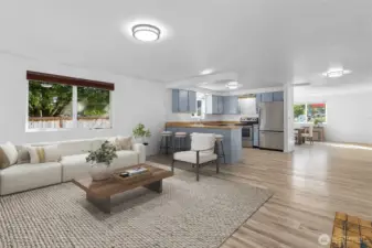 Spacious living room, open to the kitchen. *Virtually Staged*