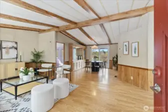 View from the front door into the living space and dining room