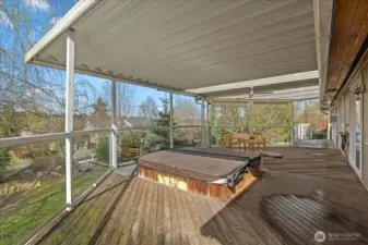 Hot tub under the covered back deck.