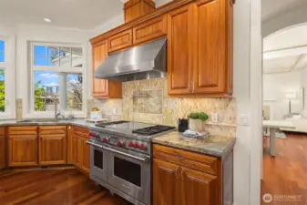 A Wolf oven with a pot filler faucet makes cooking easy.