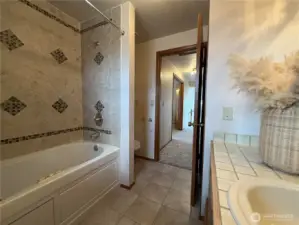 Upstairs bathroom with soaking tub/shower combo and new toilet