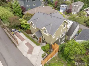 Arial view of home and property. Easy private drive parking off the alley.