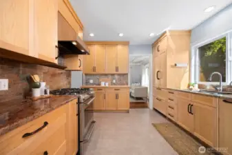 Integrated refrigerator and dishwasher pair with granite countertops, soft under-cabinet lighting, and a deep sink for a clean, functional finish.