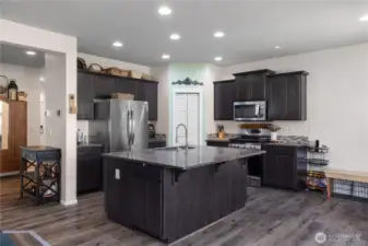 Easy flow kitchen design provides room for more than one chef at a time if needed. Bar seating and walk-in corner pantry as well.