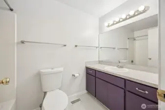 Hall bath has a shower//tub combo is shared by the two bedrooms.