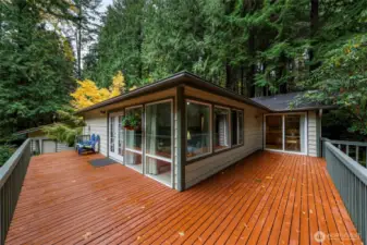 Look at this fabulous deck with sliding door to kitchen and a set of stairs down to crawl space entry door.