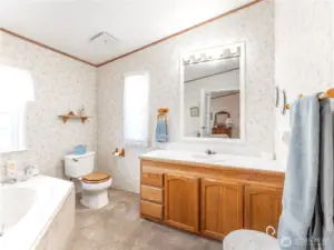 Five-piece primary en-suite featuring soaking tub and step-in shower