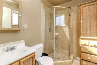 Primary bathroom features walk in shower and tons of storage space.