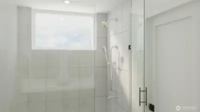 Bright, tiled walk-in shower with minimalist glass enclosure. (these are digital rendering, not represented of the actual home, materials & finishes subject to change)