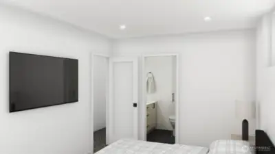 Flexible living or media room with recessed lighting and a minimalist aesthetic. (these are digital rendering, not represented of the actual home, materials & finishes subject to change)