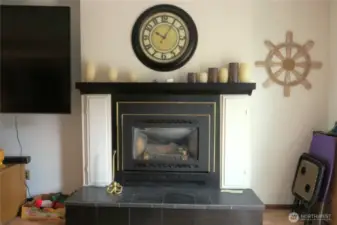 CLOSE UP OF THE PROPANE FIIREPLACE MANTLE AND HEARTH!