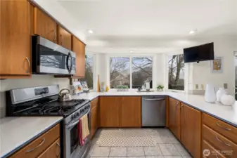 Corian, Tile, All Stainless Steel Frigidaire Gallery Appliances (Gas Range with Griddle), Soft Close Cabs, Breakfast Bar, Pantry…