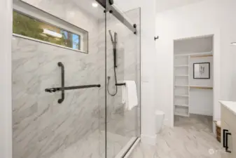 Huge double sided shower.  Heated floors!