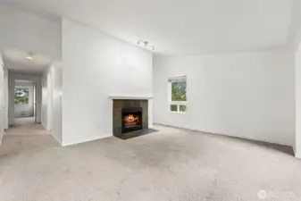 Livingroom with wood burning fireplace