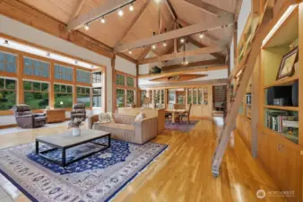 30 feet ceiling,  built-in bookcase, oak flooring.