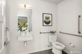 Convenient main level powder bath