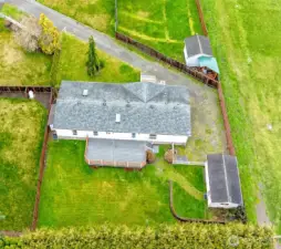 Birds eye view of the home from the backyard.