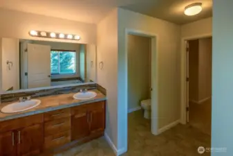 Double sink vanity in the en suite bath with rich cabinetry