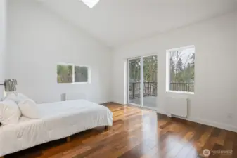 Primary Bedroom with west-facing sliding glass door opening to the deck — perfect for catching sunset views over the lake. Radiator heat, vaulted ceiling, and skylight.