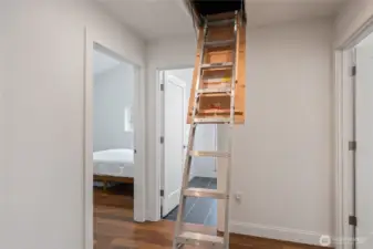 Pull-down ladder access to large, clean stand-up attic storage.