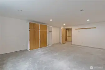 Lower level bedroom # 1: spacious, can lights in ceiling, closet.