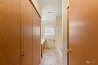 Full bath off of hallway and across from large bedrooms.