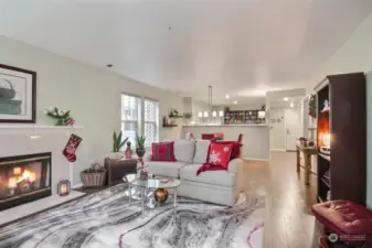 Cozy wood burning fireplace (flames are digitally enhanced), engineered hardwood floors, and plenty of windows.