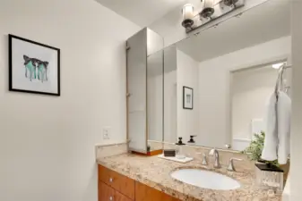 Primary Suite attached full bath with granite counters, undermount sink and tile flooring. Linen closet for extra storage.