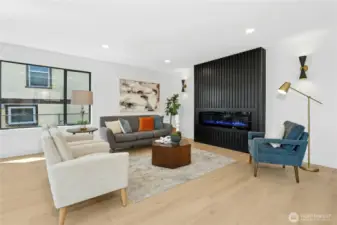 The stylized electric fireplace is the perfect focal point...