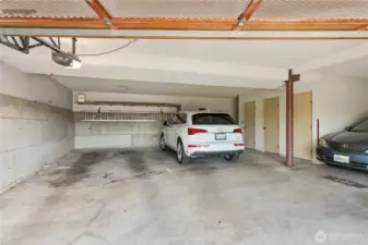 1 assigned parking spot in garage along with another separate storage space for the things you don't need that often