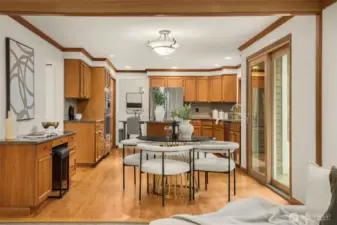 A built-in kitchen desk nook makes working from home or tackling homework easy