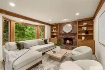 Family room with fireplace and built-ins