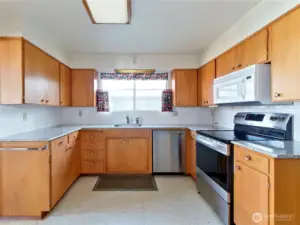 Mid Century kitchen with stainless appliances.