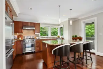 Belly up to the bar and enjoy conversations while sharing in the meal prep. There's room for many cooks in this high-end kitchen!
