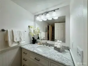 Remodeled Bathroom with vanity and a ton of storage space.