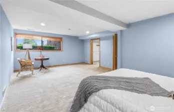Expansive Lower-Level Bedroom Retreat: A spacious haven featuring a comfortable sitting area, perfect for relaxation, reading, or creating a private lounging space.