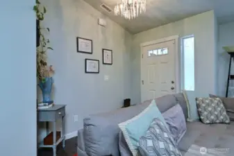 The front door opens up into the open-concept living room, kitchen and dining area