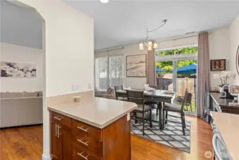 Island has space for casual dining with barstools