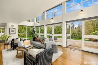 Sunlight streams through silhouetted trees, transforming each room throughout the day.