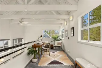 the Mezzanine Level Office with exposed trusses and open to the living room below.