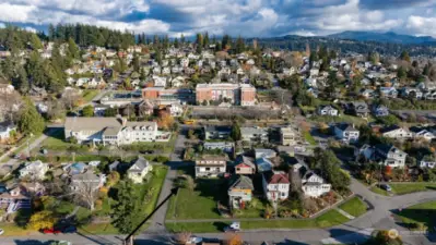 An aerial view of South Hill showing the location of the home and land.