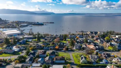 A view of Fairhaven, Bellingham Bay and the lower South Hill and the boardwalk.