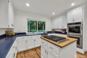 Cooks dream kitchen with center cooking island has plenty of counter and storage space